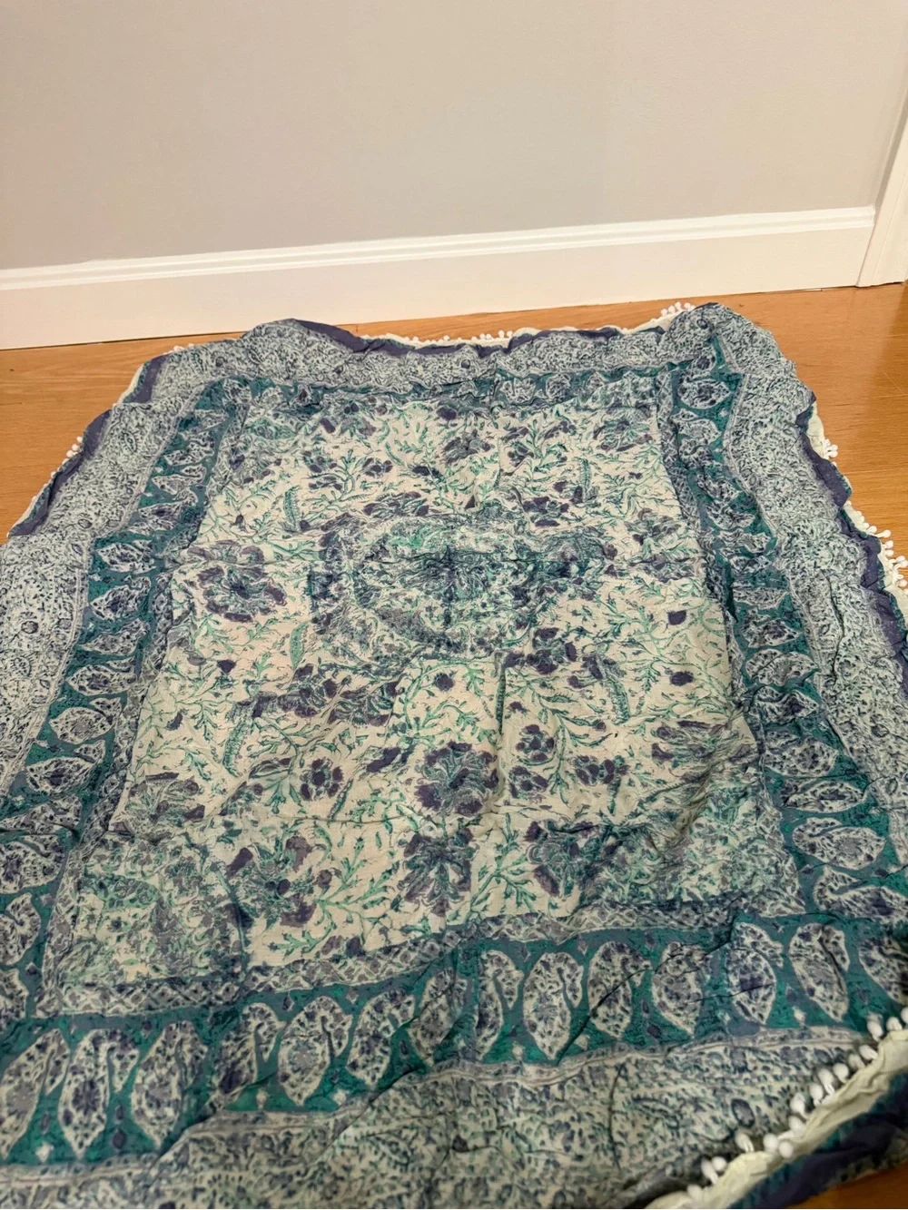 Boho Floral Fringe Scarf in Teal and Navy